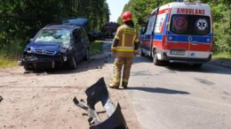 Samochód po wypadku, strażak oraz karetka pogotowia